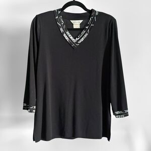 Exclusively Misook Knit Tunic Top Black Womens L Blue/Brown Trim V-Neck Long Slv